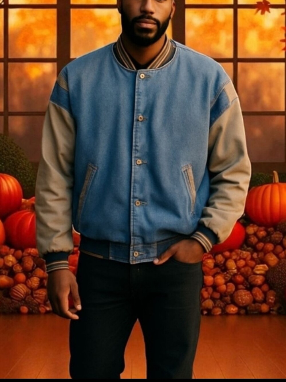 Vintage Blue Denim Tan Canvas Varsity Chore Bomber Jacket Ribbed Trim Size L